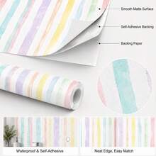 1 Roll Watercolor Stripe Peel & Stick Wallpaper, Removable PVC Wall Decor For Kids Bedroom, Nursery & Playroom, 3 Patterns, 3 Sizes - Multicolor - View 4