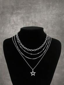 ROMWE Goth 4pcs/set Fashionable Punk Style Star Pendant Necklace - Silver - View 4