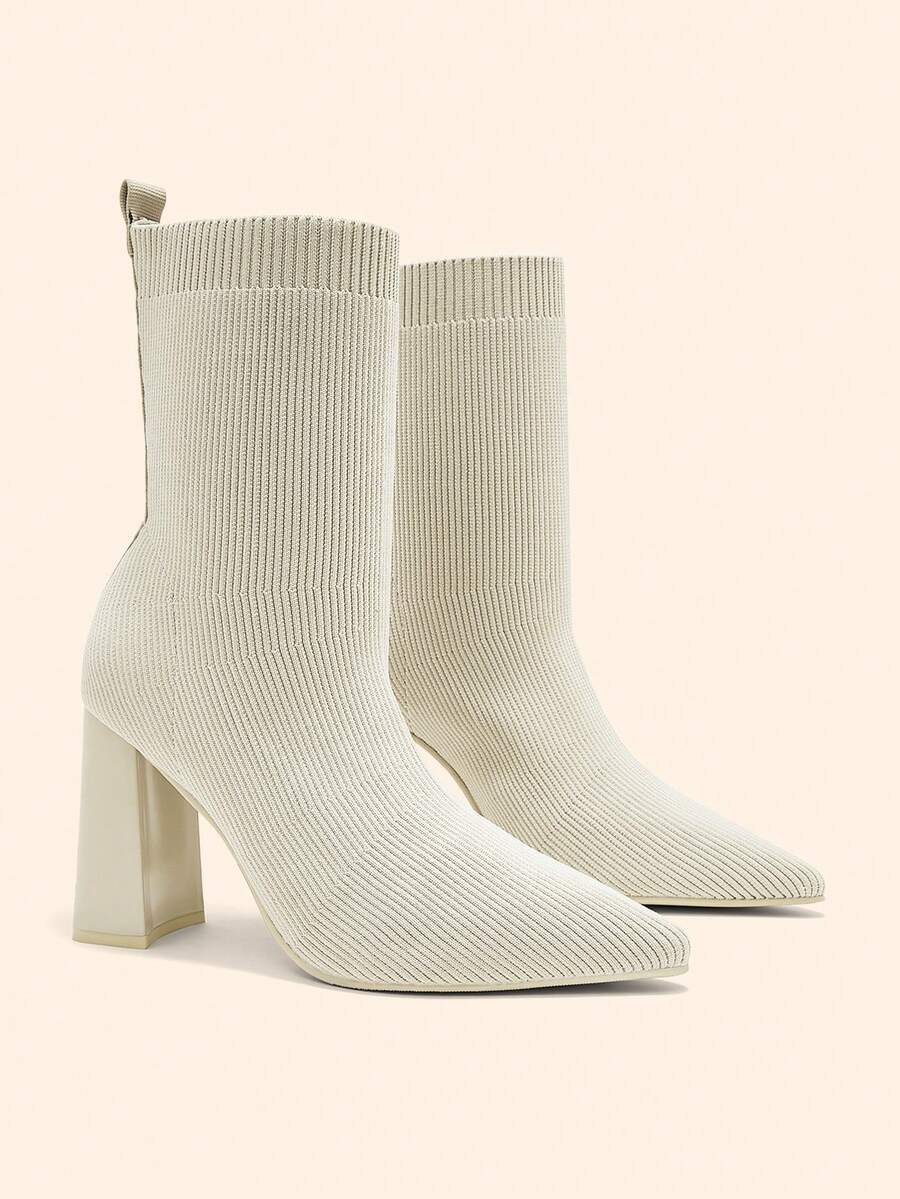 CUCCOO BASICS Women's Fashion Simple Pointed Elastic Knitted Breathable Black Short Boots, Thick Heel Design - Beige fly weaving - View 1