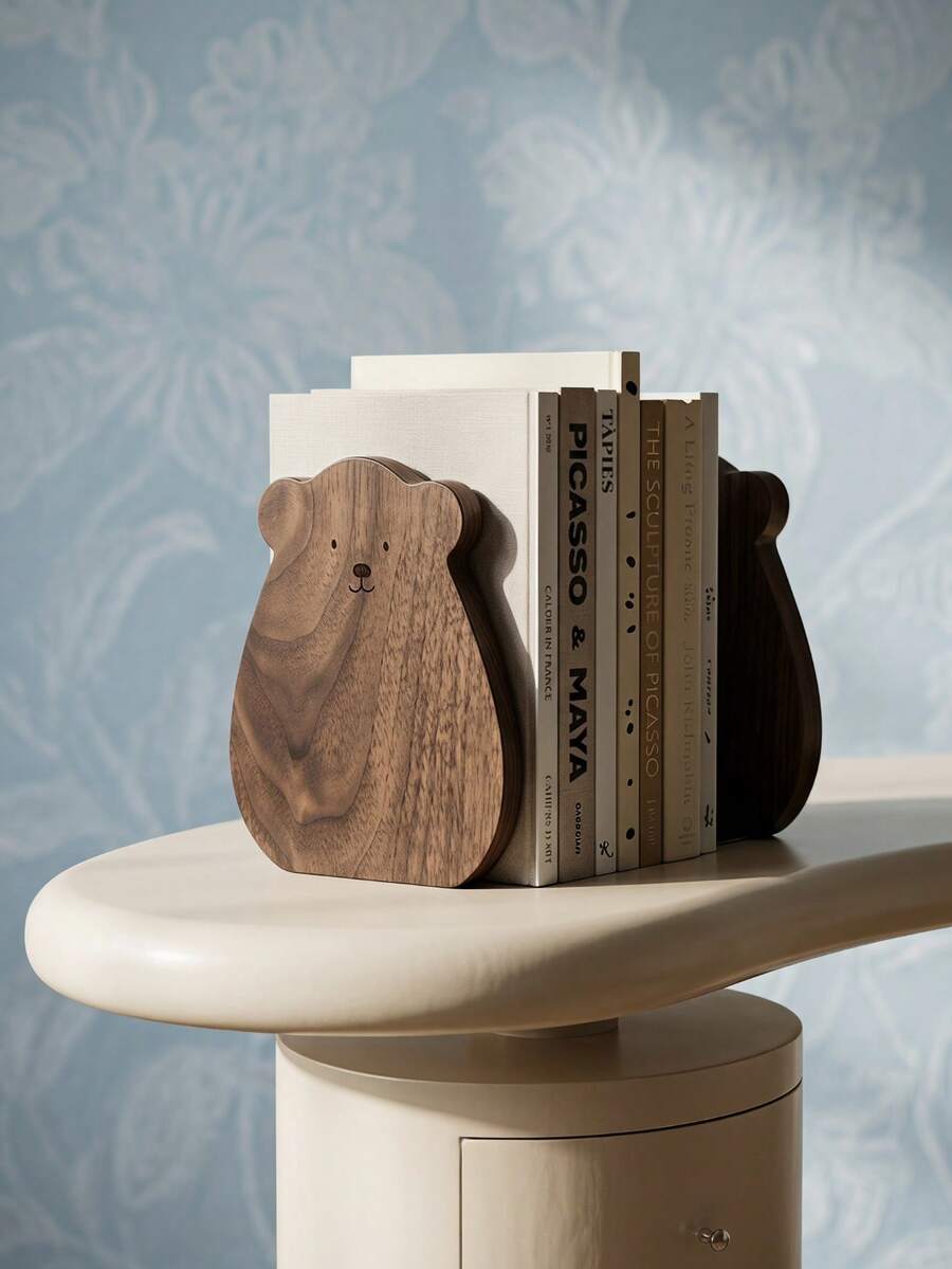 Cirelle 2pcs Cartoon Bear Shaped Walnut Book Ends, Anti-Slip Stable Base Book Stopper, Heavy Duty Book Support Holder For Books Magazines, Minimalist Tabletop Storage Decor For Bedroom Study Library, Lovely Present For Students Book Lovers - Multicolor - View 1