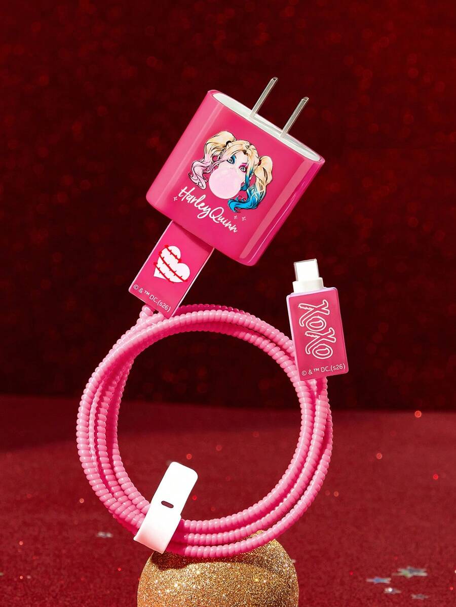 Harley Quinn X SHEIN 4-Piece Data Cable Protective Cover, Suitable For IPhone Charging Cable, Cherry Print Pattern, Charging Cable Protective Cover (Excluding Data Cable) - Rose pink - View 1
