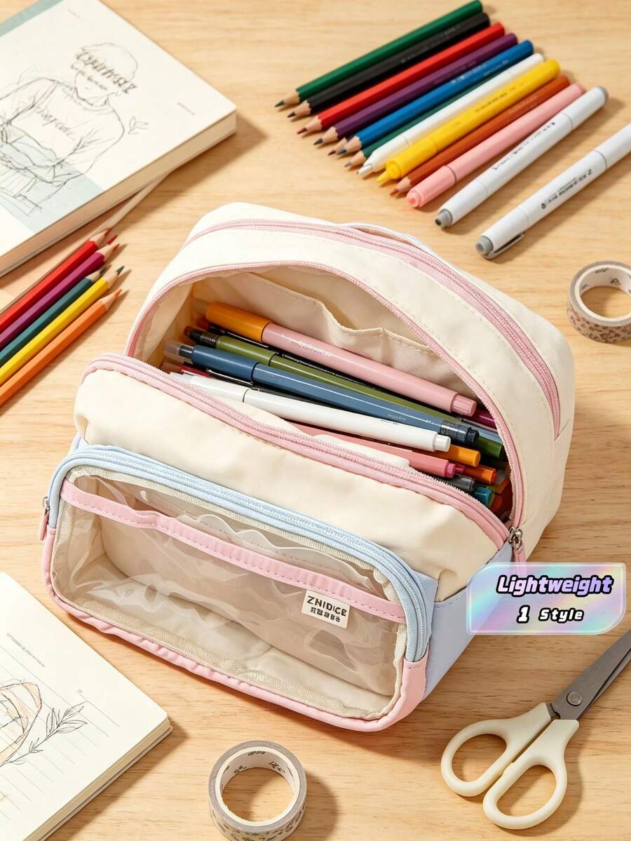 1 Large Capacity Pencil Case, Multifunctional Color Blocking Design, Suitable For Aesthetic Desktop Accessories Used By Students During The Back To School Season - multicolor - View 1