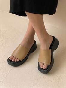 HighSole 女士拼色休闲百搭时尚软木坡跟拖鞋，适合夏季穿着 - 駝色 - 查看 1