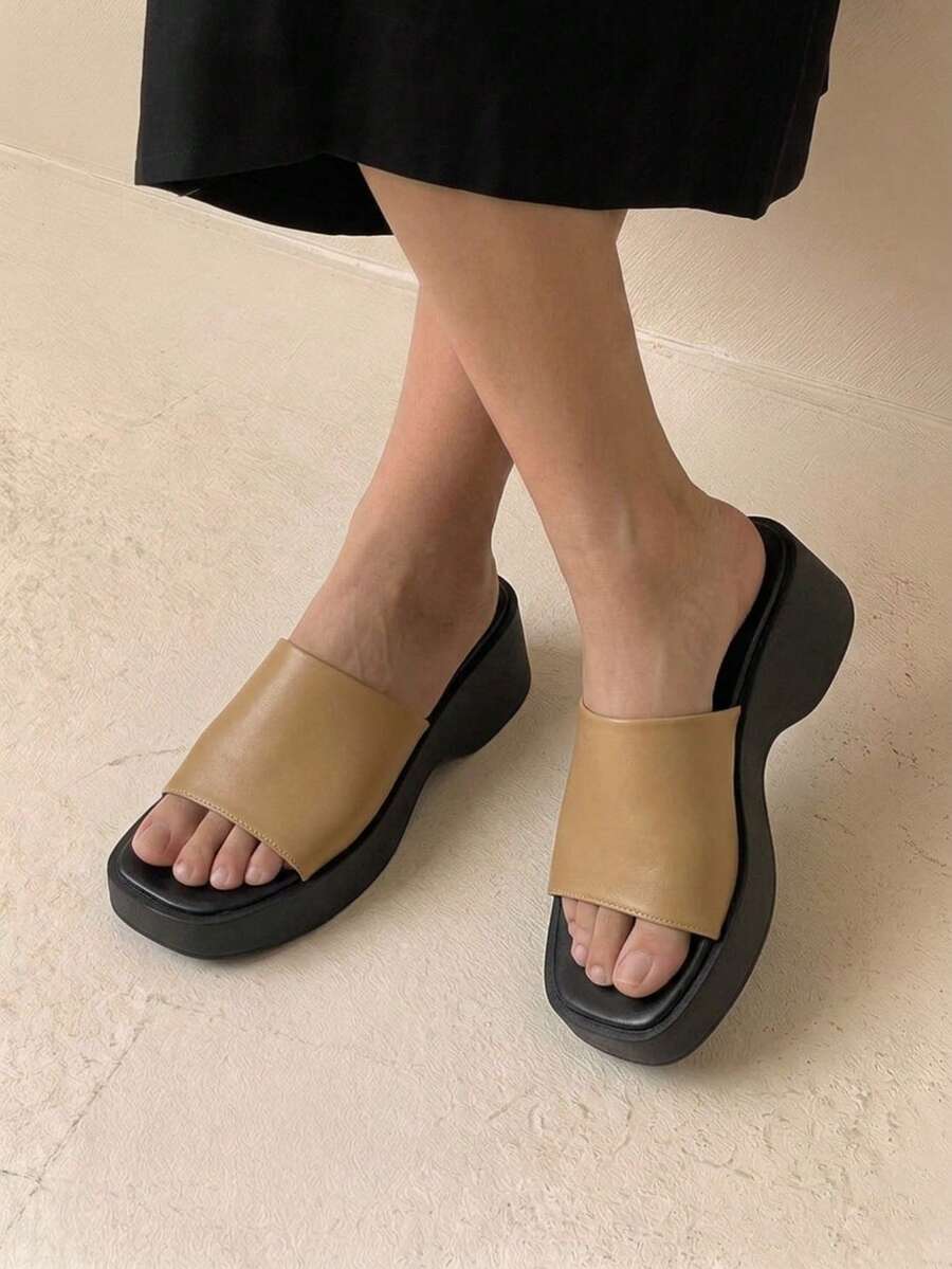 HighSole 女士拼色休闲百搭时尚软木坡跟拖鞋，适合夏季穿着 - 駝色 - 查看 1