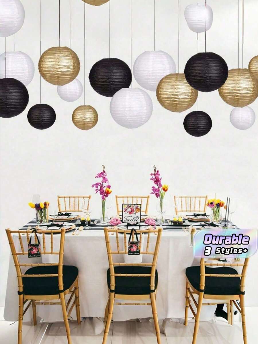 The Paper Lantern Set In Black, Gold, And White Colors Requires No Batteries Or Power Source, Making It Ideal For Decorating Birthdays, New Year's Celebrations, Graduation Ceremonies, And Various Parties - Multicolor - View 1