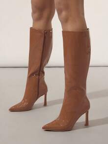 SHUZIA Women's Glamorous Sexy Pointed Toe Mid-Calf Heeled Boots - Mocha Brown - View 2