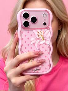 ShellaStory Y2K Cute Pink Lily Flower Polka Dot Wave Edge Phone Case Compatible With IPhone 17 Pro Max 17 Pro 16 Pro 16 Pro Max 15 Pro Max 15 Pro 14 Pro Max 14 13 Pro Max 13 Pro 13 Fashion Lovely Floral Matte Transparent Protective Cover - Pink - View 2