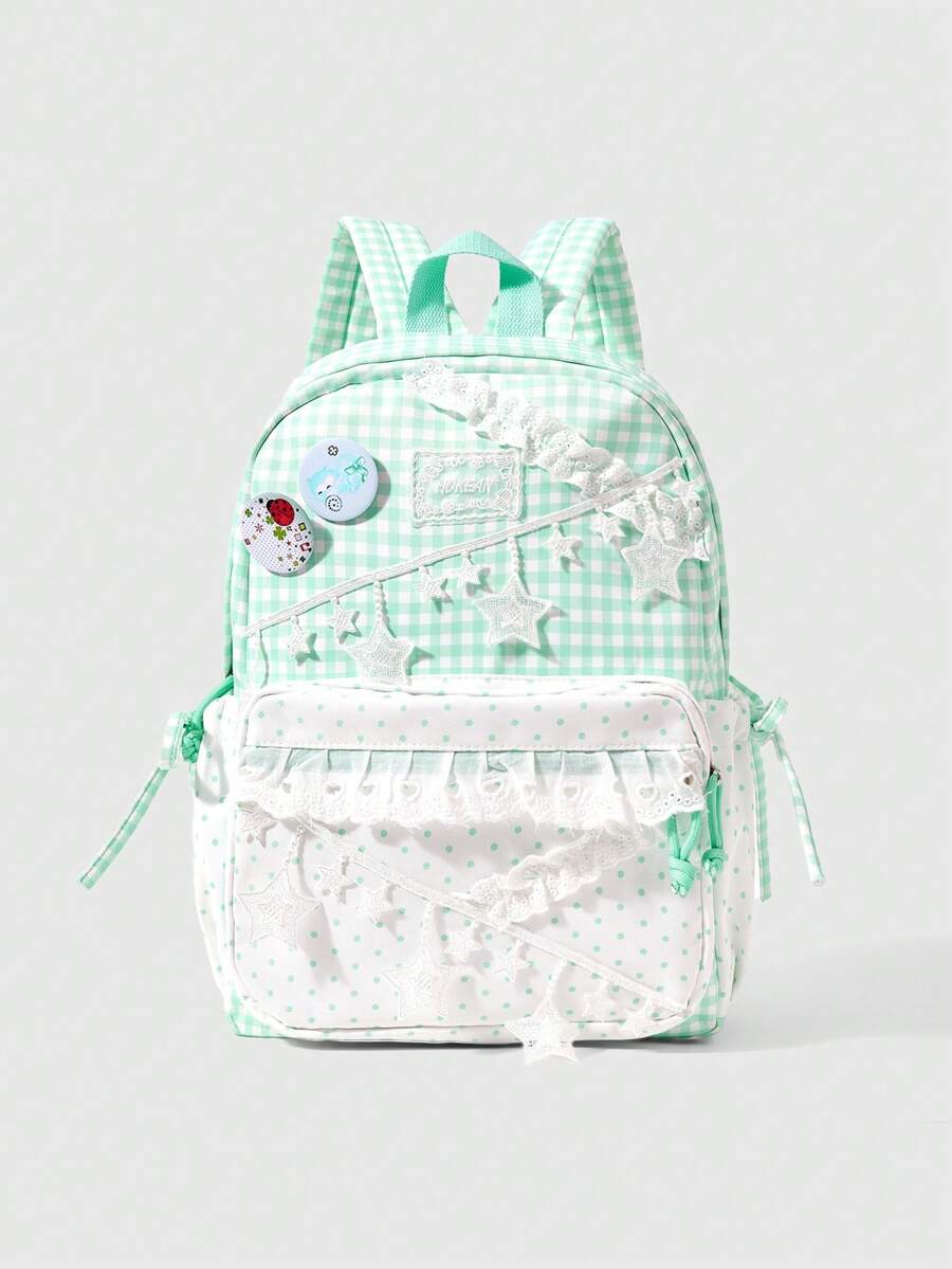 ROMWE Kawaii 1Pc Sweet Plaid Backpack, Star‑Decorated School Backpack, Aesthetic Lace Ruffle Preppy School Bag, Back‑To‑School & Travel Shoulder Bag - Green - View 1