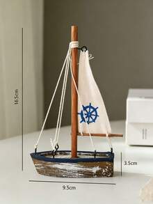 Cirelle 1pc Vintage Wooden Sailboat Decor, Rustic Nautical Boat Tabletop Ornament With Canvas Sail & Shell Pattern, Coastal Beach Theme Dining Table Decoration - multicolor - View 3