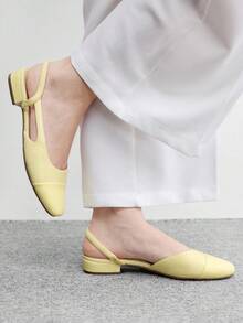 CUCCOO BIZCHIC 女款黃色撞色編織後繫帶淺口單底方跟平底復古日常通勤鞋 - 黃色 - 查看 4