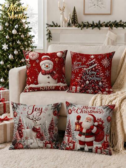 Muroi Mono 1/4PCS Cute Christmas Snowman Print Cushion Cover - Made From Short-Pile Plush Fabric, Featuring A Modern Printed Design And A Zipper Closure; Suitable For Sofas, Living Rooms, And Bedrooms (Insert Not Included); An Ideal Christmas Gift.