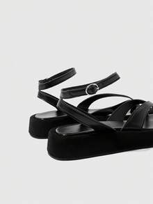 HighSole 女士黑色舒適厚底涼鞋 簡約交叉綁帶設計 圓頭低跟 時尚休閒風 麂皮包邊 戶外休閒旅行度假用 - 黑色 - 查看 8