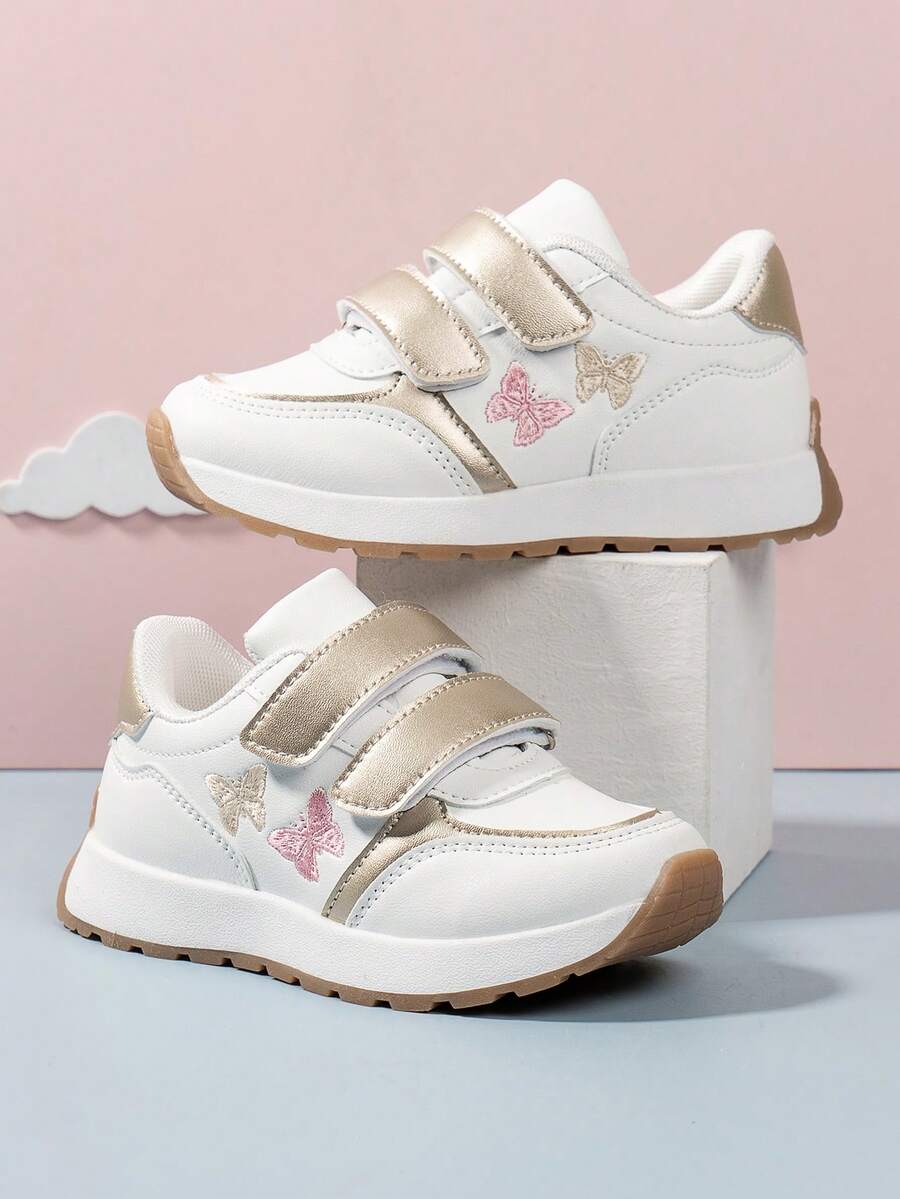 SHEIN 1 Pair Of Women's Children's Shoes Embroidered Retro-Style Gold Contrasting Color Design Suitable For Spring, Summer, Autumn And Winter Sports Shoes - White - View 1