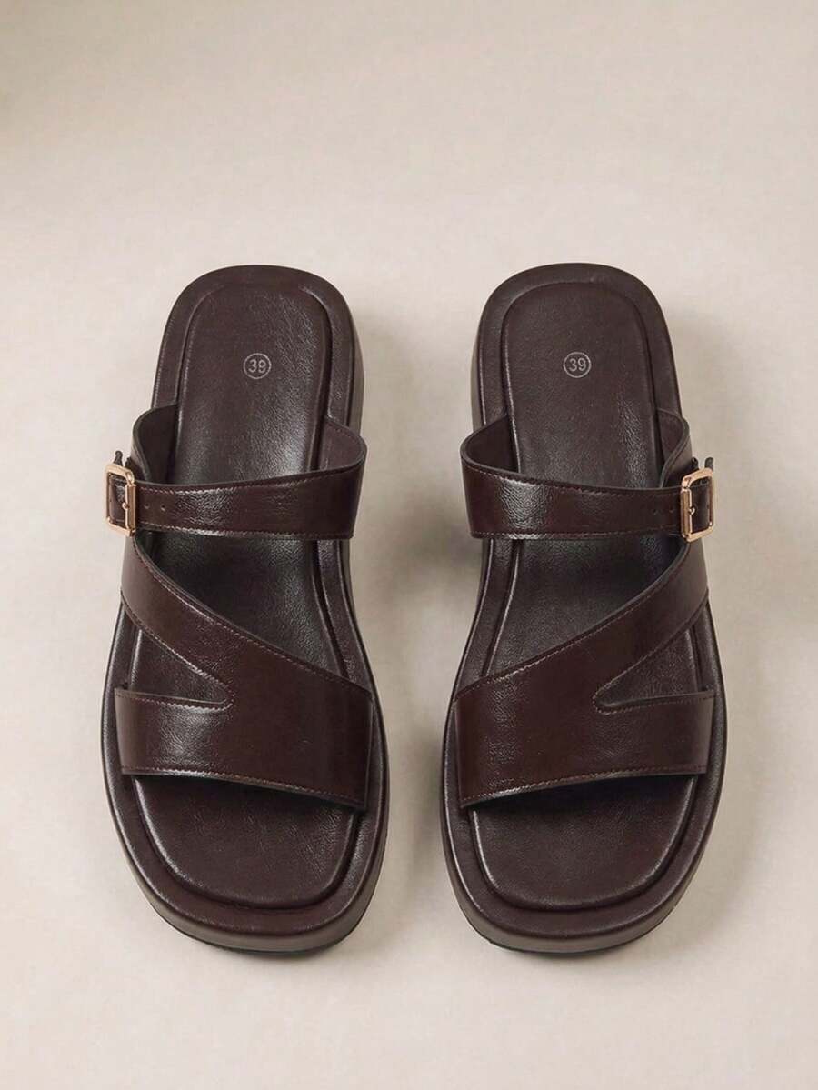 HighSole 女款交叉帶金屬扣法式極簡拖鞋 度假穿搭 - 咖啡棕 - 查看 1