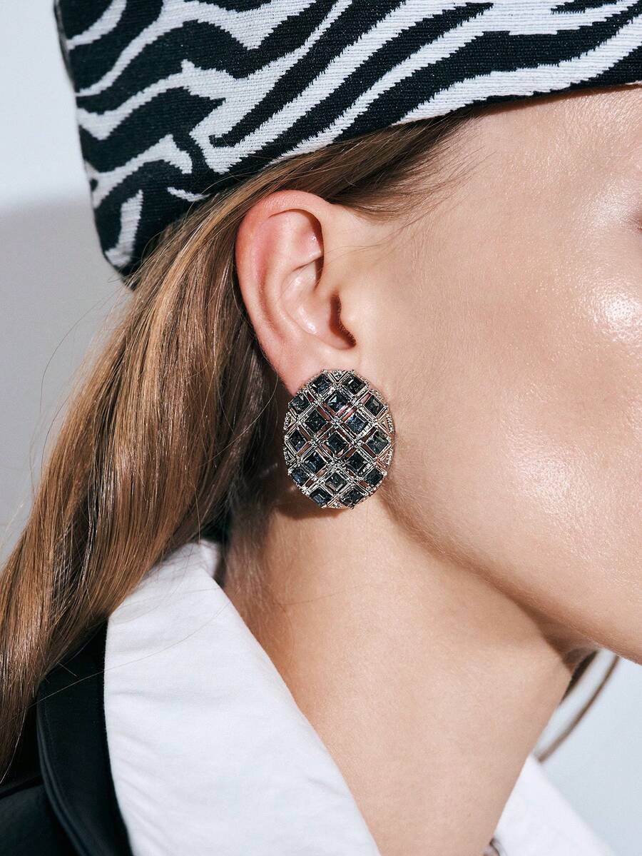 Noxbound Silver Shiny Grey Diamond Temperament Vintage Earrings - Silver - View 1