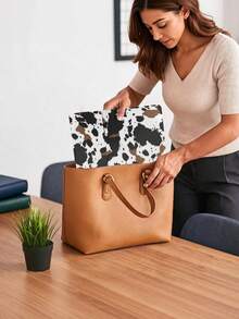 1PC Faux Leather Cow Print Envelope Style Tablet Sleeve Pouch Durable Lightweight Protective Storage Holder For 13 Inch Tablet Books Documents Files Portable Carry Case For Office Business Travel Daily Use - Single Piece - View 2