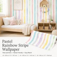 1 Roll Watercolor Stripe Peel & Stick Wallpaper, Removable PVC Wall Decor For Kids Bedroom, Nursery & Playroom, 3 Patterns, 3 Sizes - Multicolor - View 9