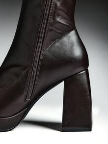 SHUZIA Women's Fashionable & Comfortable Stretch PU Block Heel Zip-Up Ankle Booties - Brown - View 3