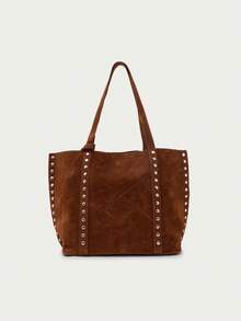 Nöista Brown Suede Effect Tote Bag With Long Handles And Silver Studs Detailing Along The Seams And Sides. - reddish brown - View 6