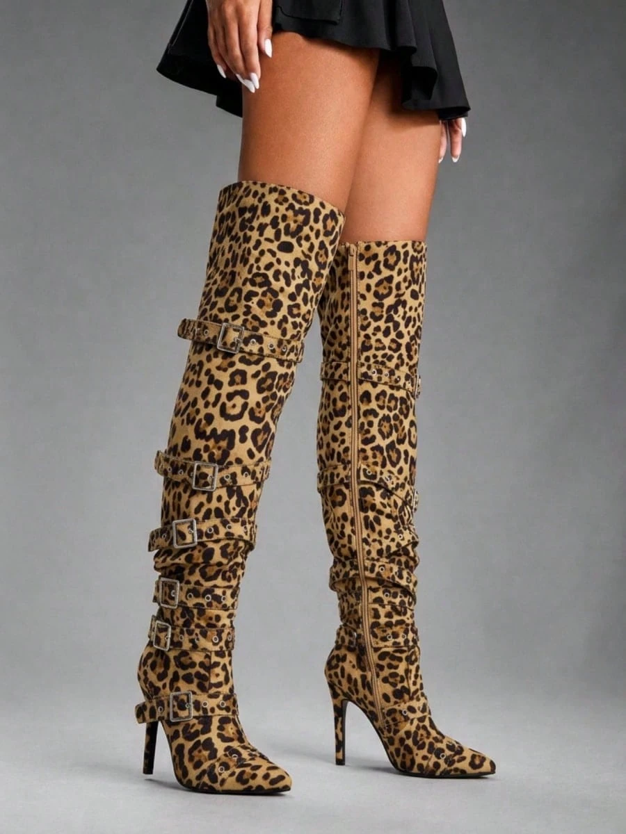 CUCCOO SZL Women's Pointed Toe Sexy Side Zipper Over-The-Knee Pleated Boots, Party Nightclub Leopard Print Belt Buckle Strap Thin High Heel Riding Boots, Autumn/Winter Fall Boots