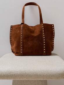Nöista Brown Suede Effect Tote Bag With Long Handles And Silver Studs Detailing Along The Seams And Sides. - reddish brown - View 1