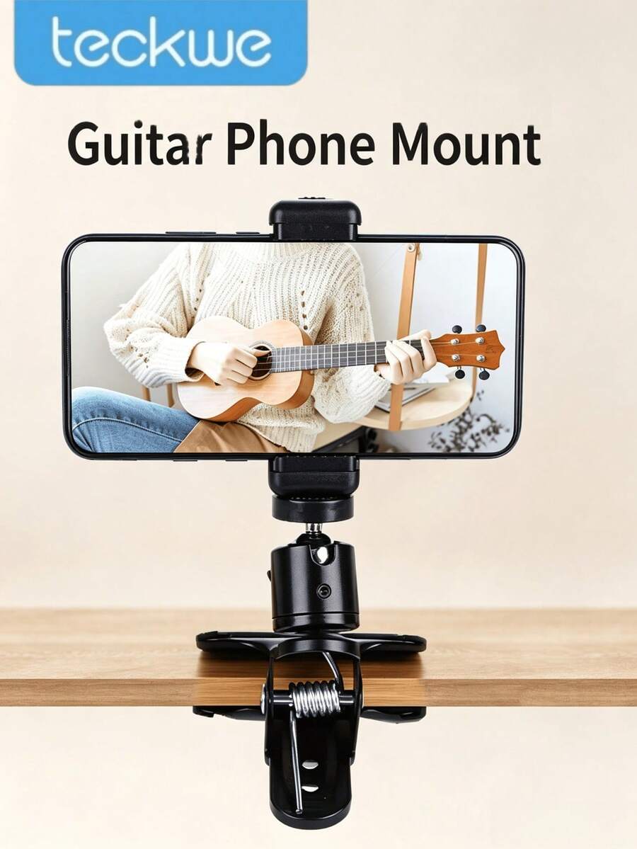 Teckwe 1PC Portable Compact 360 Degree Rotatable Anti Slip Clip Phone Holder Bracket For Guitar Ukulele Electric Guitar For Live Streaming Video Recording Music Instrument Accessory. - Multicolor - View 1