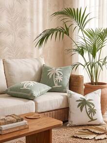 Cirelle 1pc/2pcs Sage Green Palm Tree Decorative Pillow Cover, Tufted White Palm Embroidered Cushion Case With Border Trim, Soft Pillow Case For Couch Bed Home Decor (No Insert) - Green - View 7