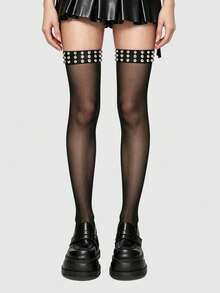 ROMWE Kawaii 1 Pair Of Punk Style Multi-Layer Riveted Rhinestone Knee Socks, Y2K Black Solid Color High Tube Socks, Polyester Thin Material Stockings - Rhinestone rivets 60cm - View 1