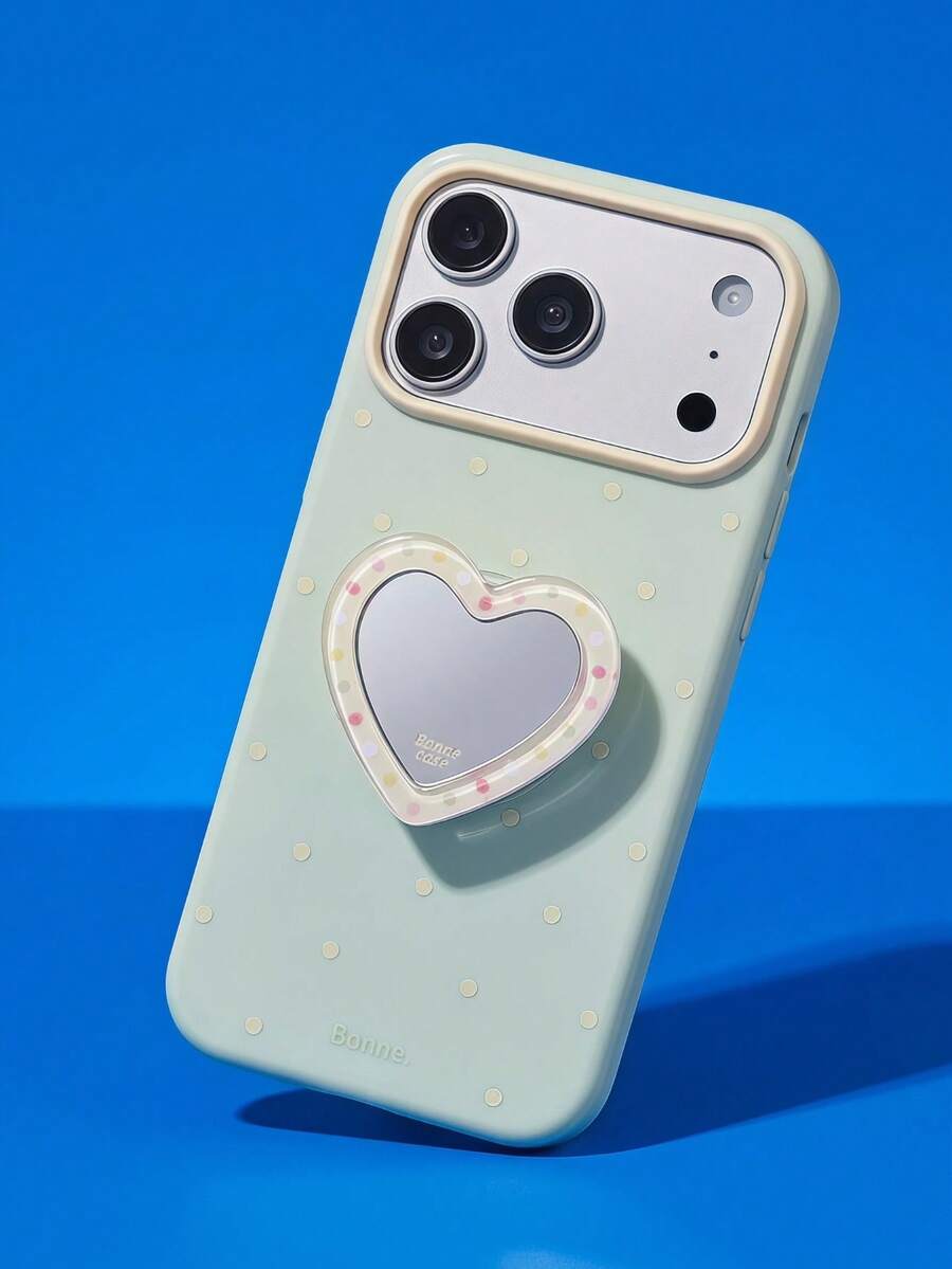 ShellaStory 心形鏡面支架,相容 Apple 17PM 手機殼,適用於 Phone 16,適合 15 高端外觀、14 柔軟、17 清新波點時尚,個性女孩創意簡約小清新小眾 Ins 風 - 綠色 - 查看 1