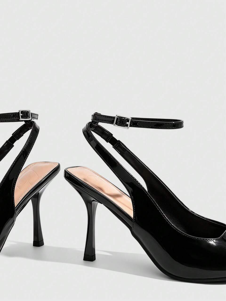 CUCCOO SZL Ladies Pointed Toe Round Vamp. Thin High Square Heel Lacquered High Heel. PU Surface Ankle Strap Slingback Shoes, Romantic And Sexy. Four Seasons