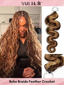 Boho Braids Highlight Brown Body Wave Unfelt Wig Feather Crochet Human Hair Extensions For Miracle Knots Soft Defined Waves Lightweight Natural Looking Easy Installation Reusable Hair Extensions 16-24 Inch - S4/27 - View 1