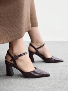 CUCCOO BIZCHIC 女款深棕色皮革紋理尖頭簡約粗跟扣帶後空高跟鞋，適合辦公與商務穿著 - 咖啡棕 - 查看 4