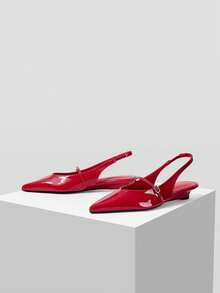 Mnmlis Women Shoes Back Strap Design Pointed Toe Flat Heel Low Heel Exquisite Light Luxury Glossy Patent Leather Positive Red Back Empty Closed Toe Sandals Fall Shoes - Red - View 5