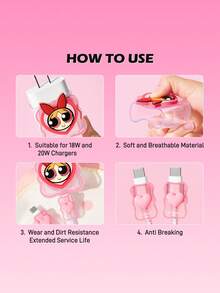 THE POWERPUFF GIRLS X SHEIN 數據線保護套，適用於 iPhone 充電器，4 件組手機線材保護套，充電器保護套（不含數據線） - 粉色 - 查看 3