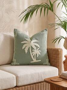 Cirelle 1pc/2pcs Sage Green Palm Tree Decorative Pillow Cover, Tufted White Palm Embroidered Cushion Case With Border Trim, Soft Pillow Case For Couch Bed Home Decor (No Insert) - Green - View 5