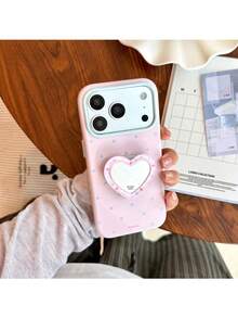 ShellaStory Heart-Shaped Mirror Stand Compatible With Apple 17PM Phone Case For Phone 16, Suitable For 15 High-End Appearance, 14 Soft, 17 Fresh Polka Dot Fashion, Personality, Girl, Creativity, Simple Style, Small Fresh, Niche, Ins Style - Pink - View 4