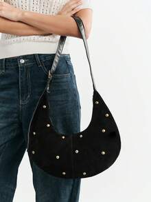 SHECARRY Ladies' Fashionable Black Shoulder Bag, Exquisite Rivet Decoration, Simple Crescent Bag, For Daily, Commuting, Shopping, Festivals - Black - View 6