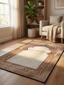 Elegant Pink Prayer Rug - Made Of Soft Flannel, Washable In The Washing Machine, Comfortable Rectangular Prayer Rug With A Golden Mosque Design For Indoor Use, Plush Velvet Beige Shaggy Rug - Khaki - View 9