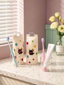 Joivida 1pc/2Pcs Portable Travel Toothbrush Holder Case, Wide Opening Toothpaste Toothbrush Storage Container, Drinking Cup With Metal Carry Clip, Cute Polka‑Dot Cat Design, For Travel Camping Home Bathroom Accessories - Multicolor - View 4