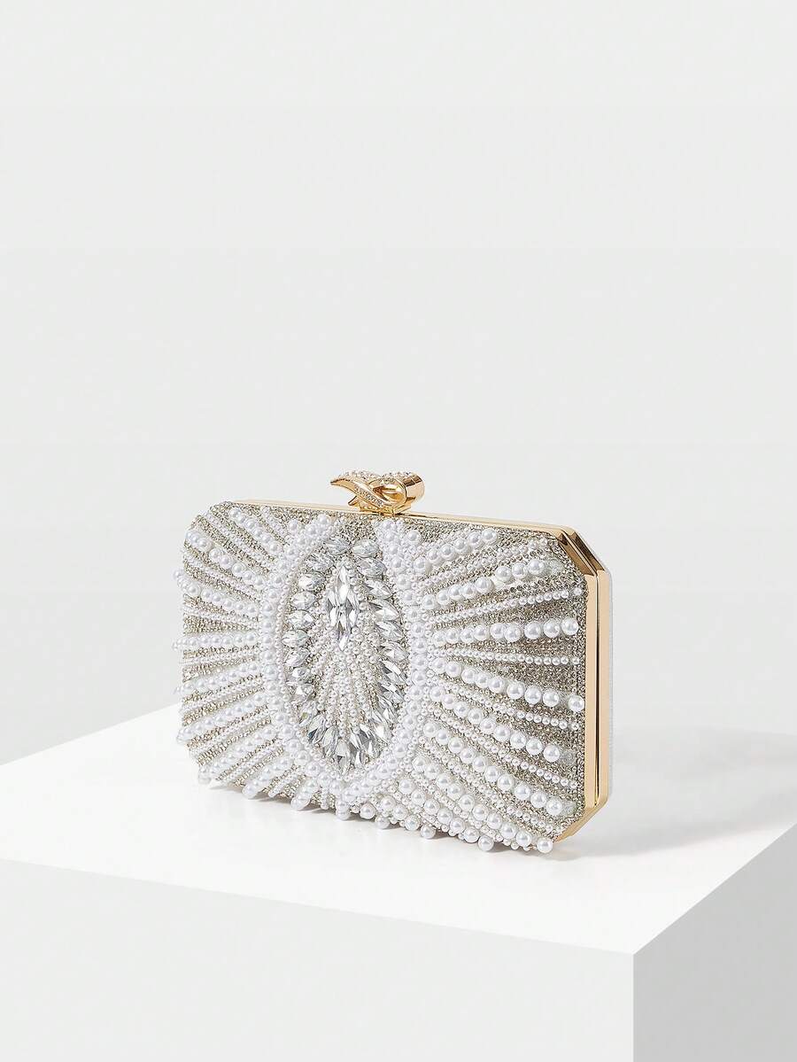 MOTF LADIES FASHION PEARL DIAMOND SILVER DINNER CLUTCH FOR PARTIES, CHRISTMAS, NEW YEAR GIFTS, WEDDINGS, DRESS MATCHING - Silver - View 2