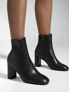 Solezae Women's Comfortable & Fashionable Almond Toe Side Zipper Block Heel Ankle Booties - Black - View 2