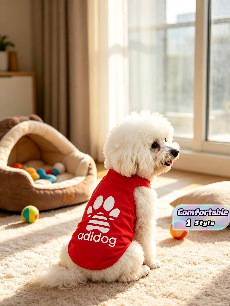 One Piece Of Adidog Patterned Printed Anti-Flea, Anti-Dander, Heat-Insulating, Breathable Sports Vest Suitable For Indoor And Outdoor Use For Cats And Dogs. - Red - View 1