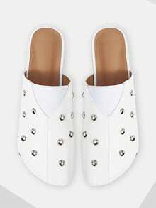 Mnmlis Nailed Elastic Splicing Toe Toe Toe Flat Bottom Flat Heel Cool Sa Simple White PU Imitation Leather Women's Closed Toe Mules Slippers Daily Commuting - White - View 1