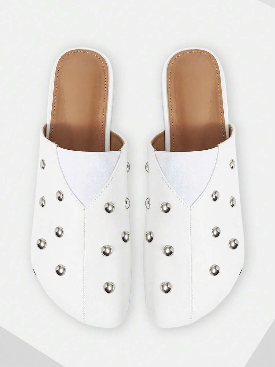 Mnmlis Nailed Elastic Splicing Toe Toe Toe Flat Bottom Flat Heel Cool Sa Simple White PU Imitation Leather Women's Closed Toe Mules Slippers Daily Commuting - White - View 1