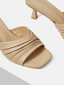 Mnmlis Women's Spring/Summer New Pleated Strap Design Square Toe Stiletto Heel Mule Sandals, Minimalist Elegant Leather Backless Slides For Daily Commute, Dating And Summer Outfits - Apricot - View 4