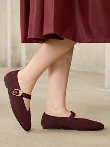 MOTF PREMIUM WOMEN SQUARE TOE BUCKLE STRAP FLATS FOR CHRISTMAS - Burgundy - View 6