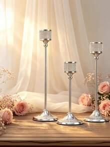 3 Buah Tempat Lilin Mewah Berwarna Perak dengan Kaki Tinggi dan Dekorasi Berlian Imitasi, Tempat Lilin, Makan Malam Romantis, Perjamuan Pernikahan, Dekorasi Meja - warna-warni - View 11