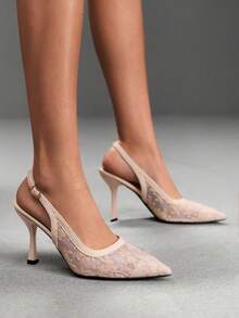 CUCCOO SZL Chaussures pour femmes à talons aiguilles sexy et à la mode, pointues, en maille brodée, couleur abricot, pour le shopping, les vacances, les rendez-vous, les fêtes et la Saint-Valentin - Nude - Voir 5