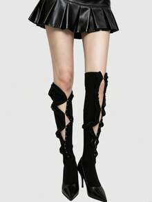 ROMWE Anime 1 Pair Vintage Style Lace Trim Over-The-Knee Socks, Y2K Black Solid Color High Tube Socks, All-Season Long Socks - Lace Black - View 3