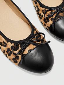 CUCCOO BIZCHIC Women's Leopard Print Color Matching Round Toe Ballet Flats, Bow Round Toe Soft Sole Casual Shoes - leopard print - View 3